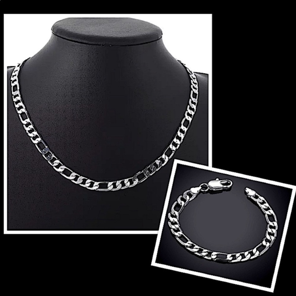 STERLING SILVER FIGARO CHAIN LINK NECKLACE BRACELET MATCHING SET